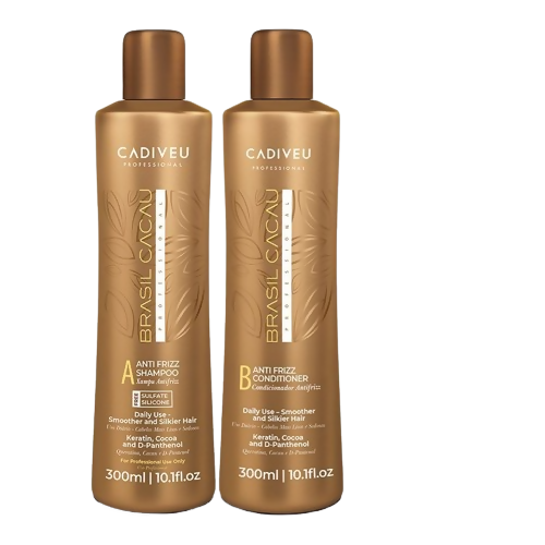 Cadiveu Brasil Cacau anti-frizz shampoo and conditioner duo for smooth, frizz-free hair with nourishing formula.