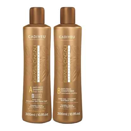 Cadiveu Brasil Cacau anti-frizz shampoo and conditioner duo for smooth, frizz-free hair with nourishing formula.