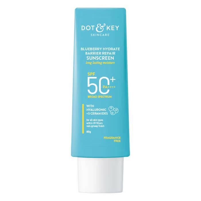 Dot & Key Blueberry Hydrating Barrier Repair Sunscreen SPF 50+ with hyaluronic acid and ceramides, showing the sunscreen tube with blue packaging.