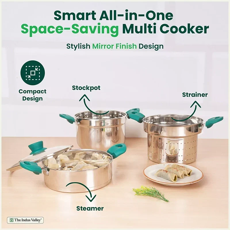 The Indus Valley Tri-steel Multi Cooker Pot Premium Stainless Steel Momo Maker/ Idiyappam/ Biryani/  Veg Steaming Set, 3 Pots, 21cm