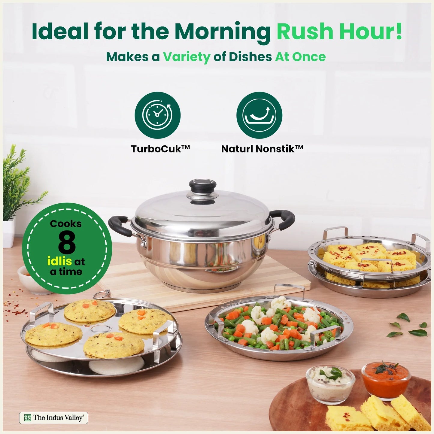 Indus Valley 8 Pit Tri-Steel Multi Pot Handi with 5 plates for steaming idli, dhokla, momo, stainless steel, tri-ply induction bottom