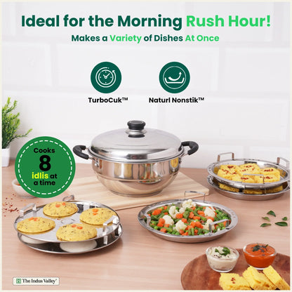 Indus Valley 8 Pit Tri-Steel Multi Pot Handi with 5 plates for steaming idli, dhokla, momo, stainless steel, tri-ply induction bottom