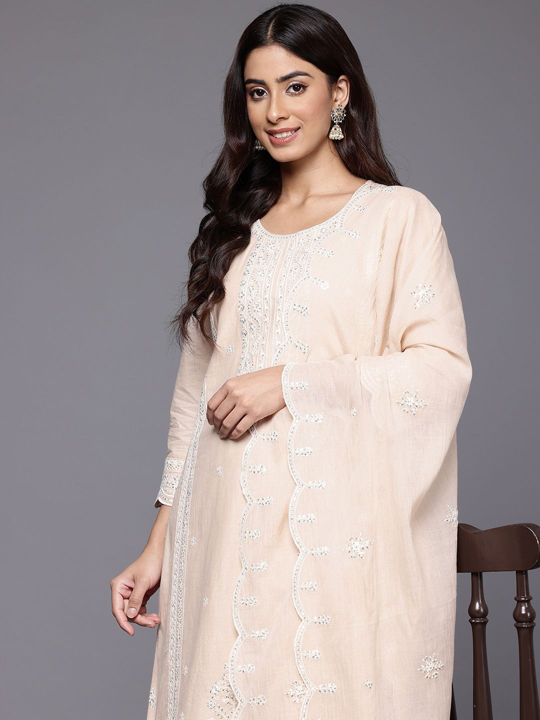 Indyancart VA Women's Embroidered Pure Cotton Kurta with Trousers & Dupatta