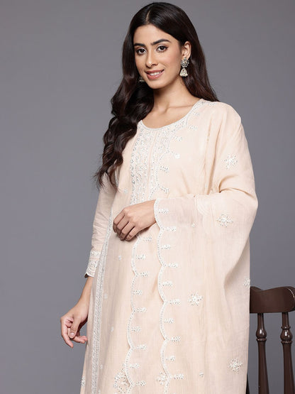 Indyancart VA Women's Embroidered Pure Cotton Kurta with Trousers & Dupatta