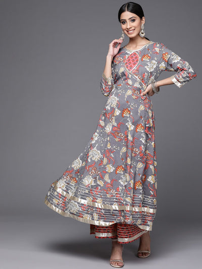 Indyancart VA Women's Grey & Pink Floral Print Angrakha Gotta Patti Pure Cotton Kurta with Sharara