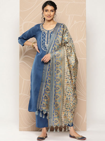 Indyancart VA Women'sBlue Yoke Embroidered Kurta with Trouser and Dupatta