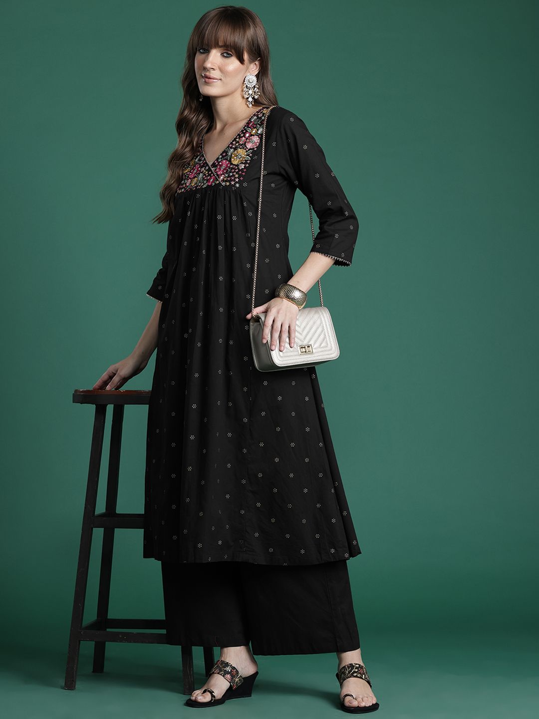 Floral Embroidered Empire Thread Work Pure Cotton Kurta with Palazzos