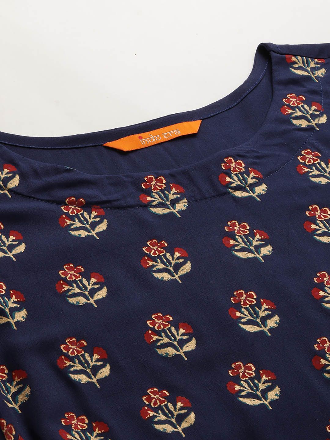 Women Navy Blue Ethnic Motifs Printed Liva Kurti Set & With Dupatta