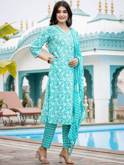 Indyancart VA Women'sEthnic Motifs Printed Regular Mirror Work Kurta with Trouser & Dupatta
