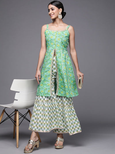 Indyancart VA Women's Green Floral Printed Pure Cotton Kurti with Sharara