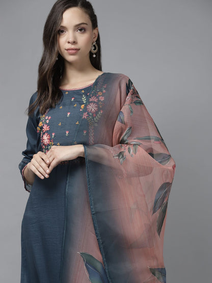 Dhiyona IE Women Blue Floral Embroidered Regular Kurta with Trousers & With Dupatta