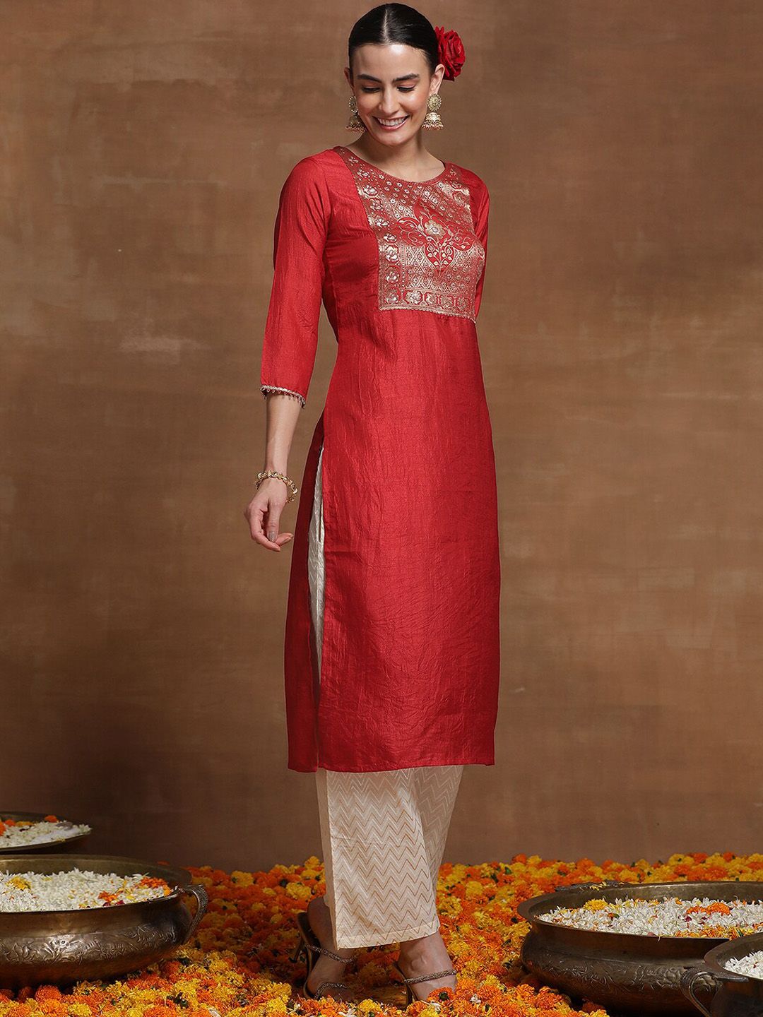 Indyancart IE Pack of 2 Ethnic Motifs Embroidered Straight Kurta