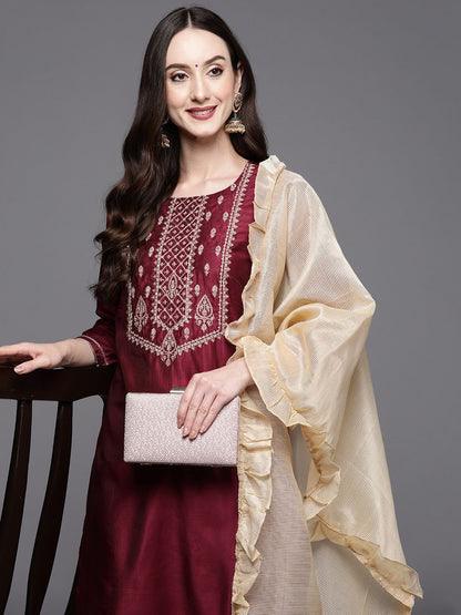 Indyancart IE Women Magenta Ethnic Motifs Embroidered Kurta with Trousers & With Dupatta