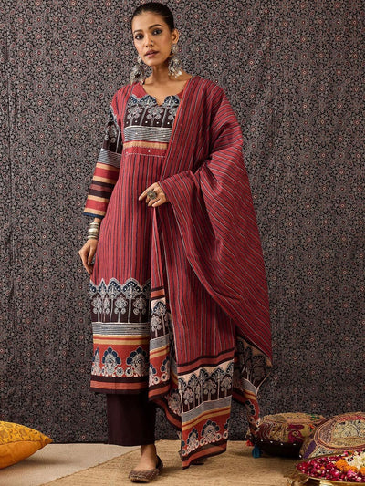 Indyancart IE Women Floral Printed Regular Sequinned Pure Cotton Kurta with Trousers & With Dupatta