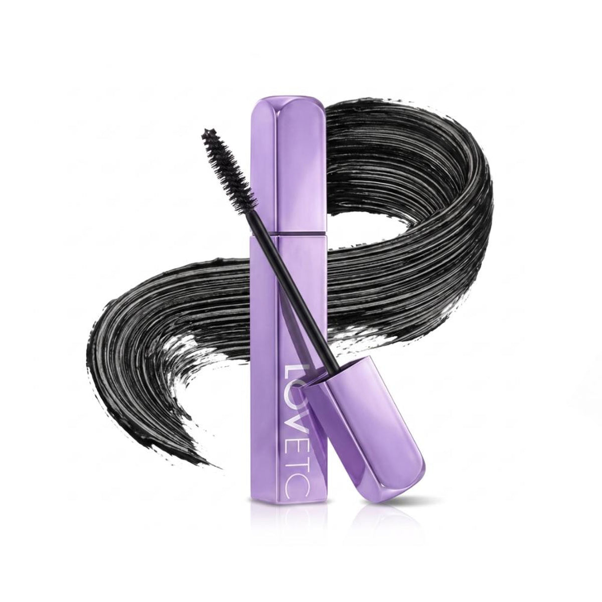 LOVETC Curl & Lengthen Volumizing Mascara in black, water-resistant and non-irritating, with a wand applying mascara to eyelashes.