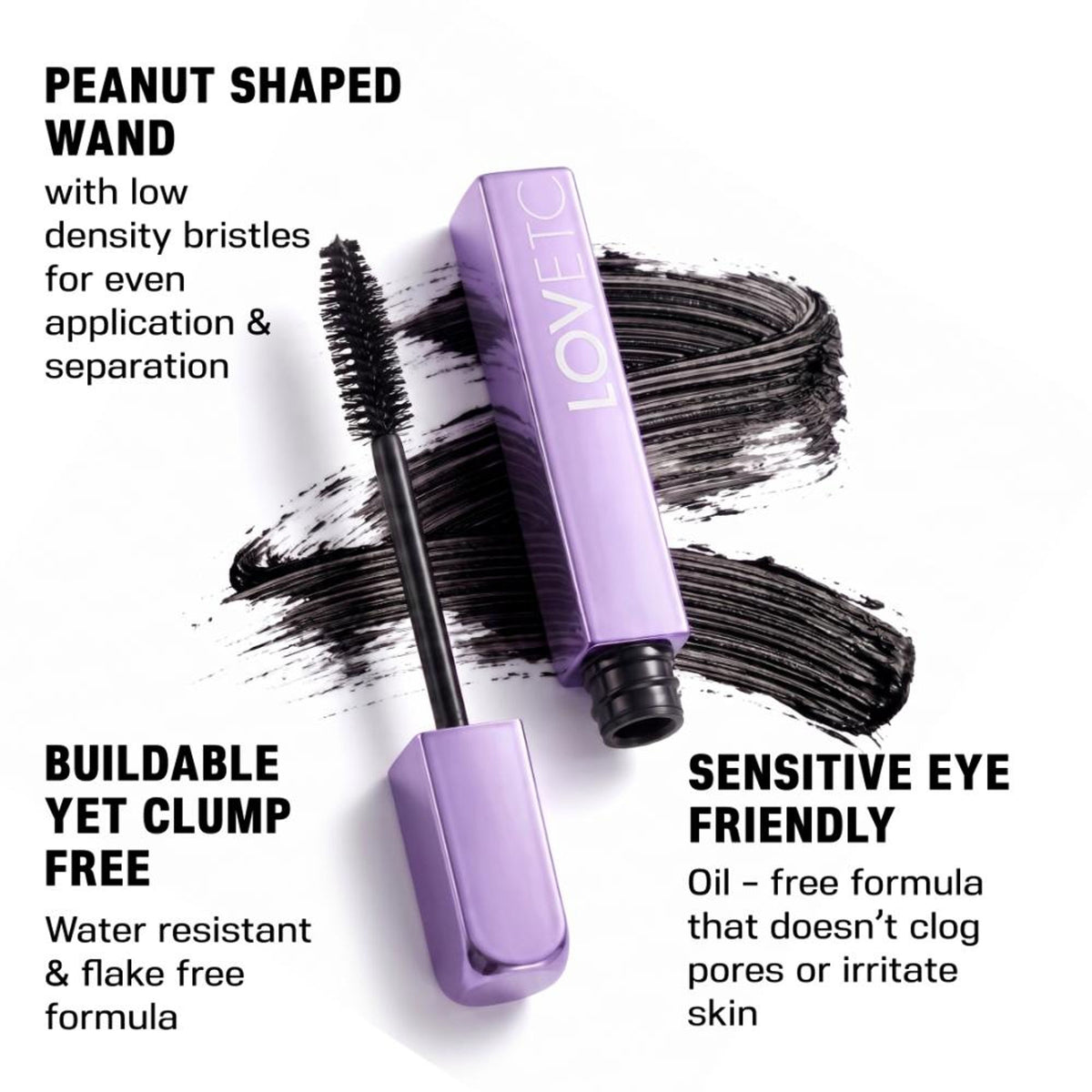 LOVETC Curl & Lengthen Volumizing Mascara in black, water-resistant and non-irritating, with curled and voluminous eyelashes.