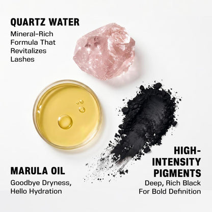 LOVETC Curl & Lengthen Volumizing Mascara in black, water-resistant and non-irritating, showing the mascara wand and brush.