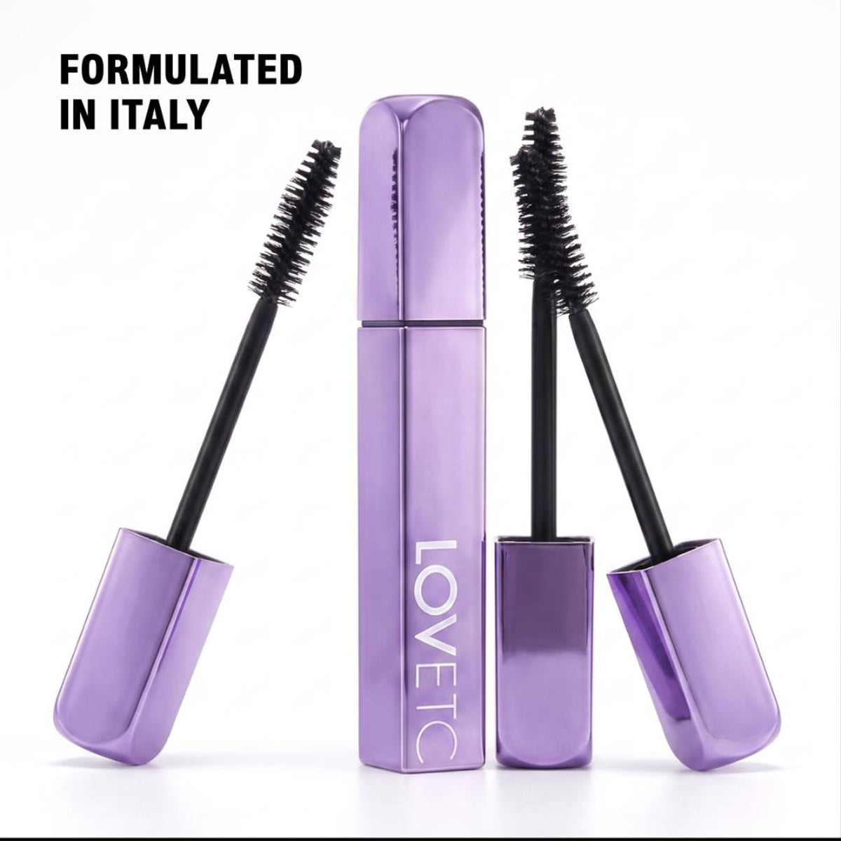 LOVETC Curl & Lengthen Volumizing Mascara in black, water-resistant and non-irritating, with a brush applicator on a white background.