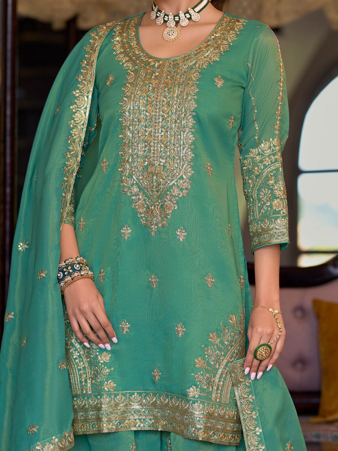 Indyancart IE Ethnic Motifs Embroidered Sequinned Straight Kurta Palazzos With Dupatta