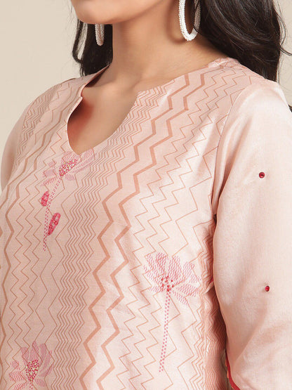 Indyancart VA Women's Peach-Coloured Printed Regular Kurta with Trousers