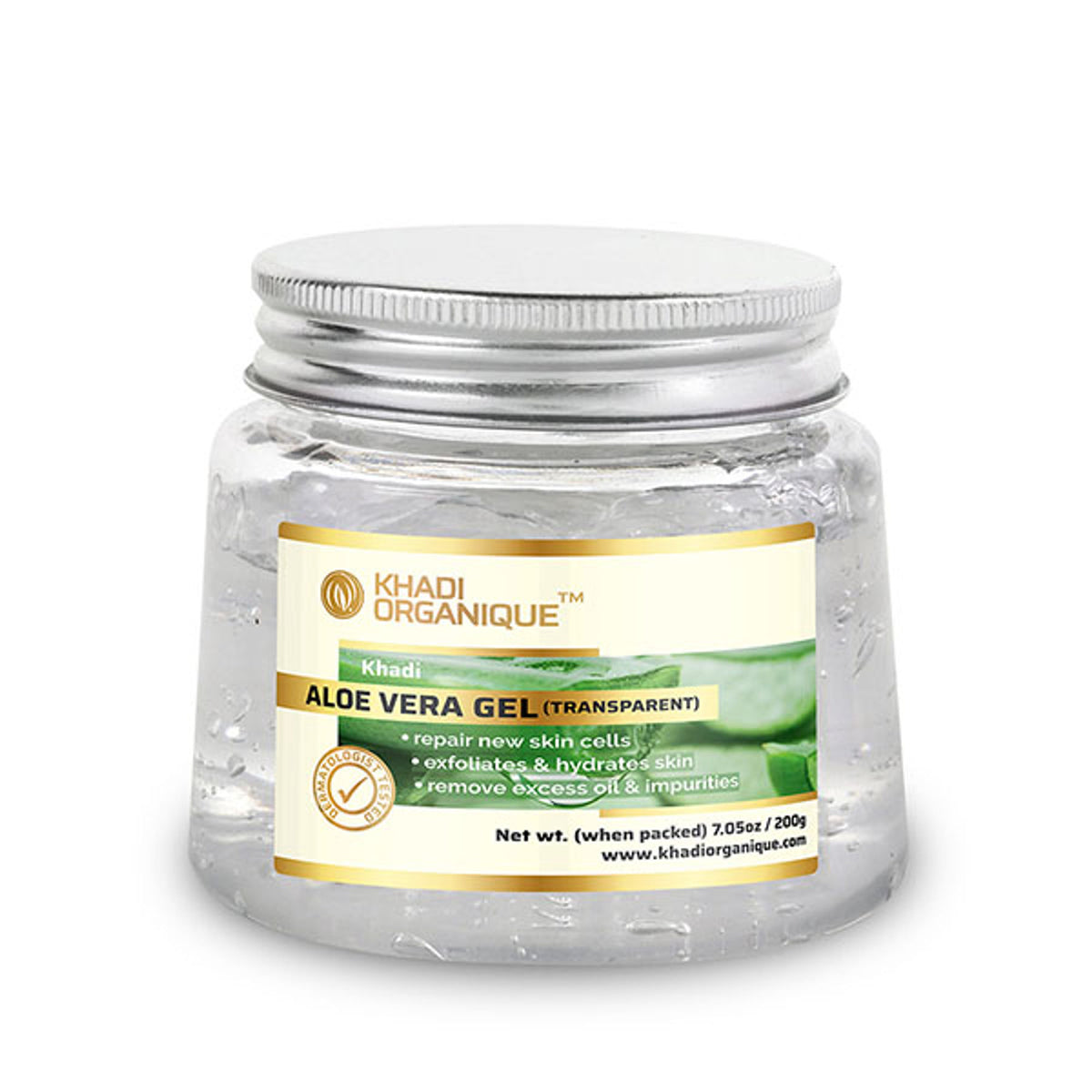 Khadi Organique Aloe Vera Transparent Gel for skin and hair, showing clear gel in a jar with fresh aloe vera leaves.