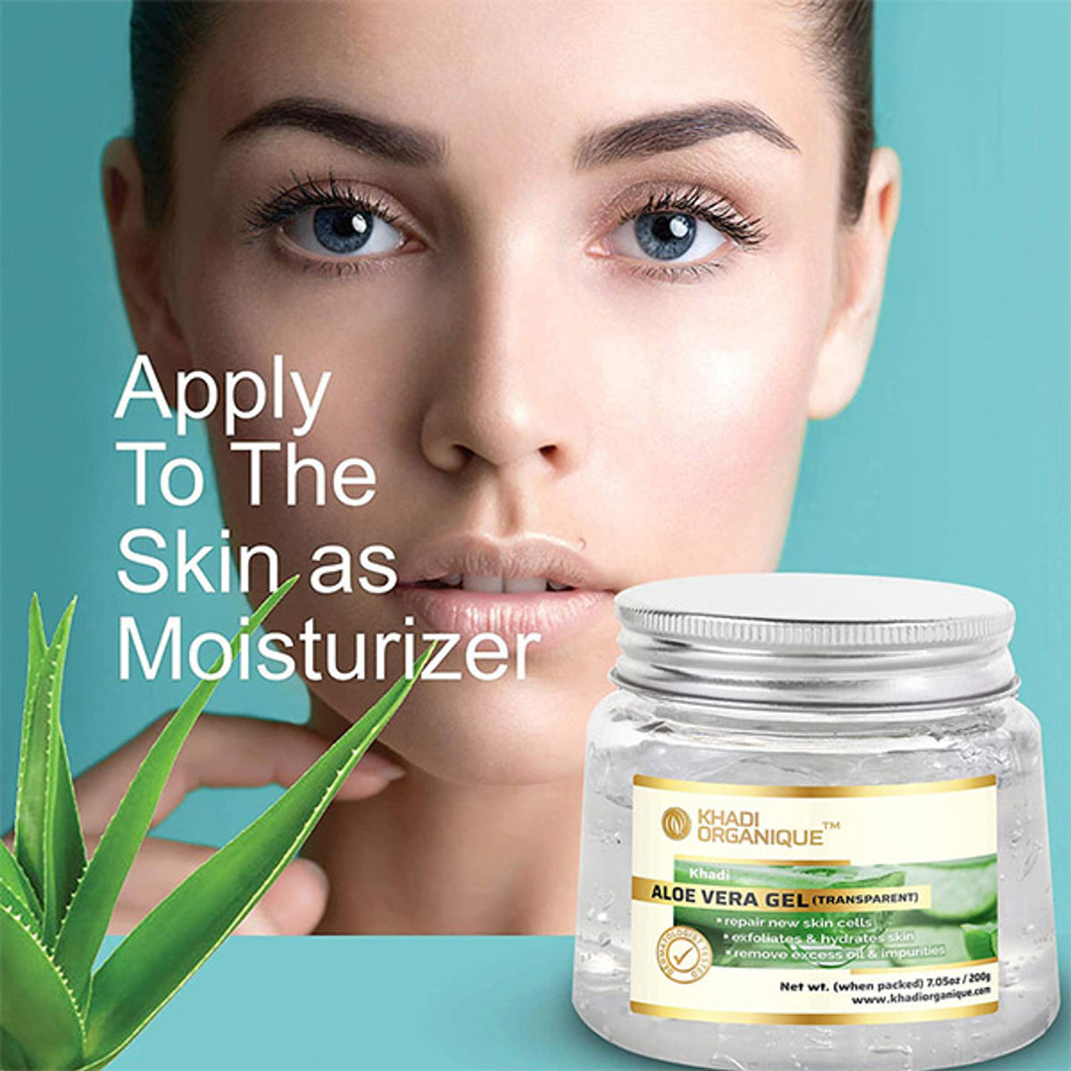 Khadi Organique Aloe Vera Transparent Gel for skin and hair, clear, soothing, and hydrating natural aloe vera gel in a jar.