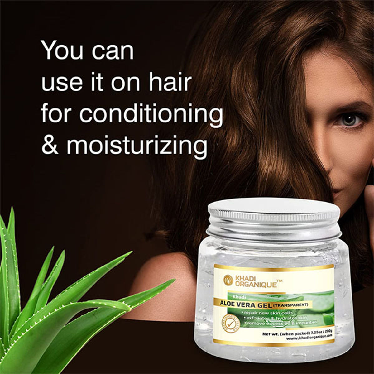 Khadi Organique Aloe Vera transparent gel for skin and hair, providing natural hydration and moisturizing benefits.