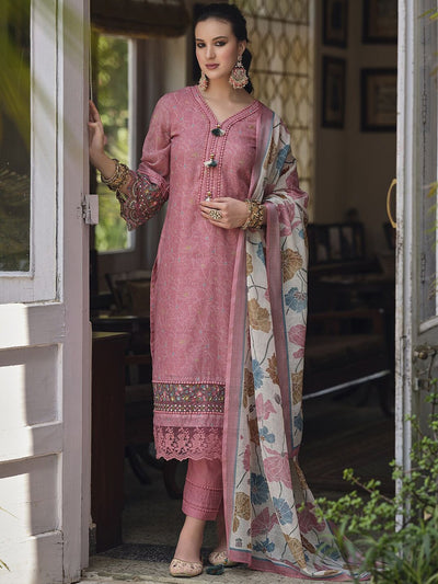 Indyancart IE Floral Printed Thread Work Linen Kurta Set