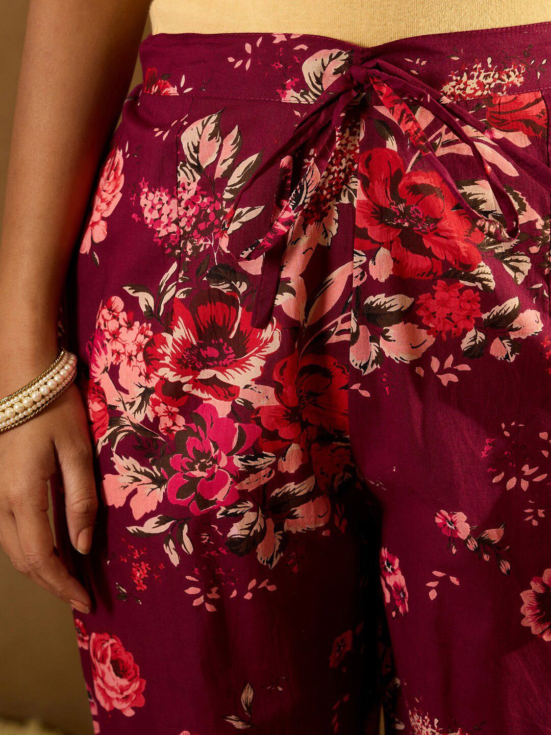 Indyancart IE Floral Printed Angrakha Mirror Work Pure Cotton Kurta with Trousers & Dupatta