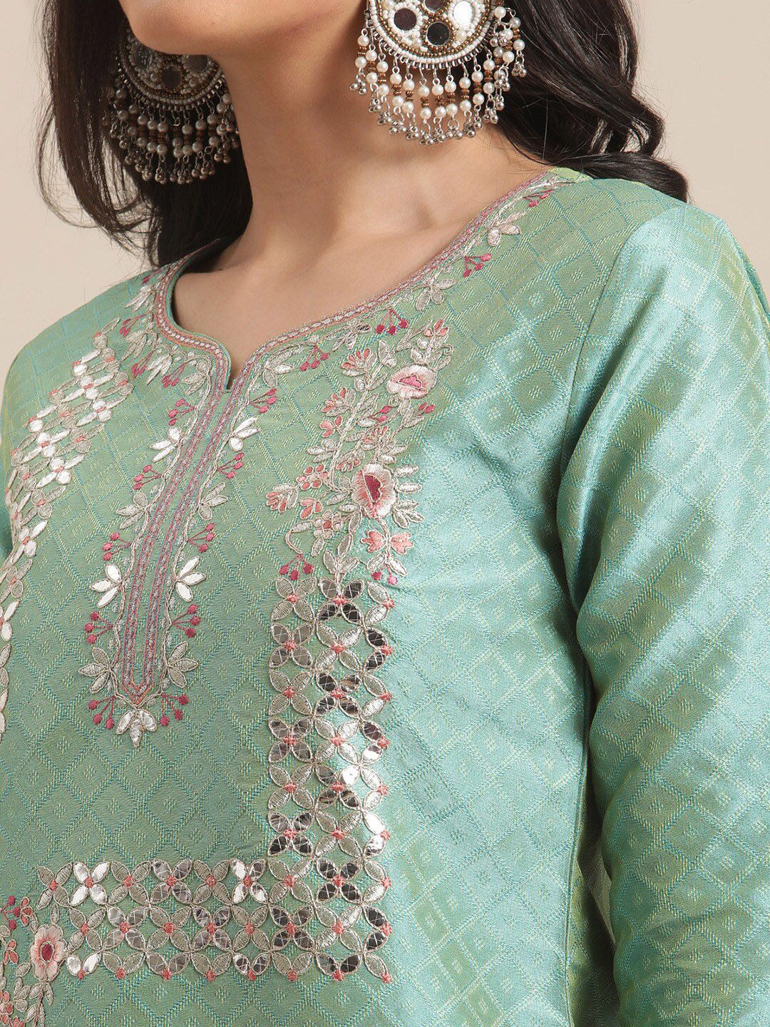 Indyancart VA Women's Floral Embroidered Thread Work Kurta with Trousers & With Dupatta