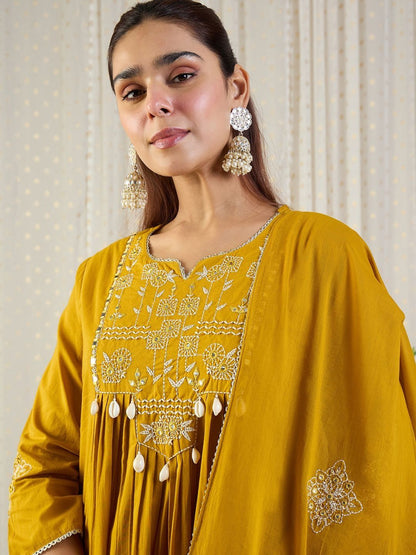 Women Embroidered Pleated Thread Work Pure Cotton Kurta & Trousers With Dupatta