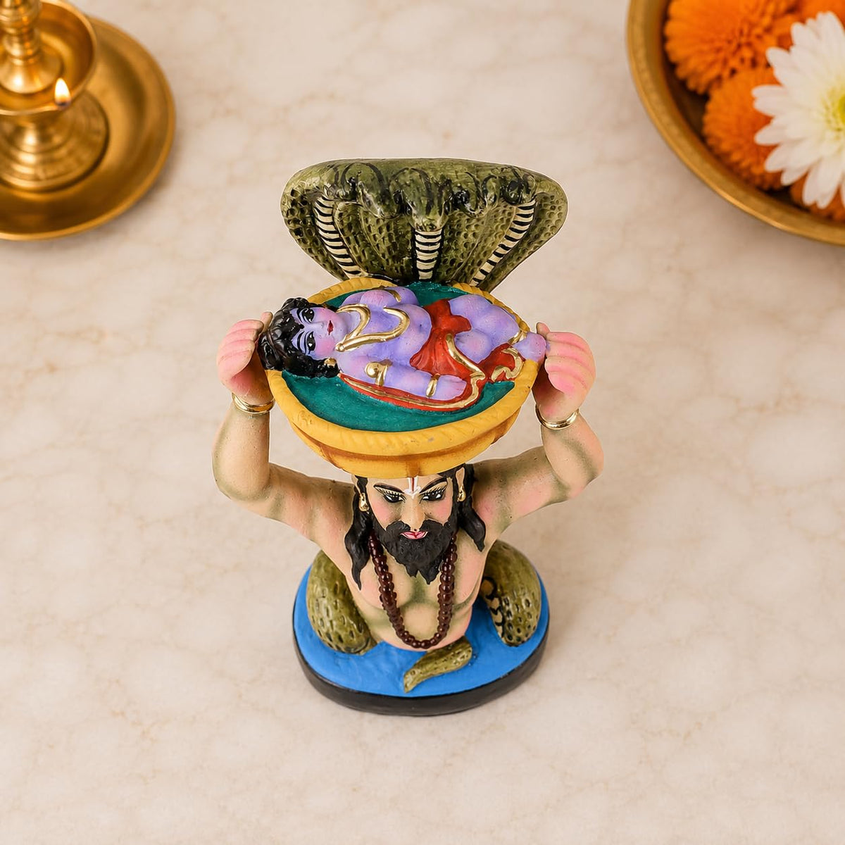 Niharika Collections Vasudev & Krishna Crossing the Yamuna with Sheshnag Idol | Handmade Clay Terracotta | Spiritual and Cultural Art
