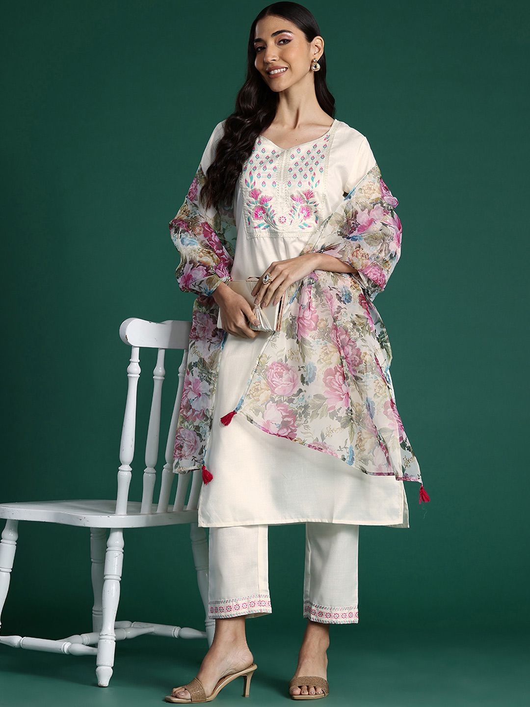 Indyancart IE Yoke Design Zari Pure Cotton Kurta With Trousers & Dupatta
