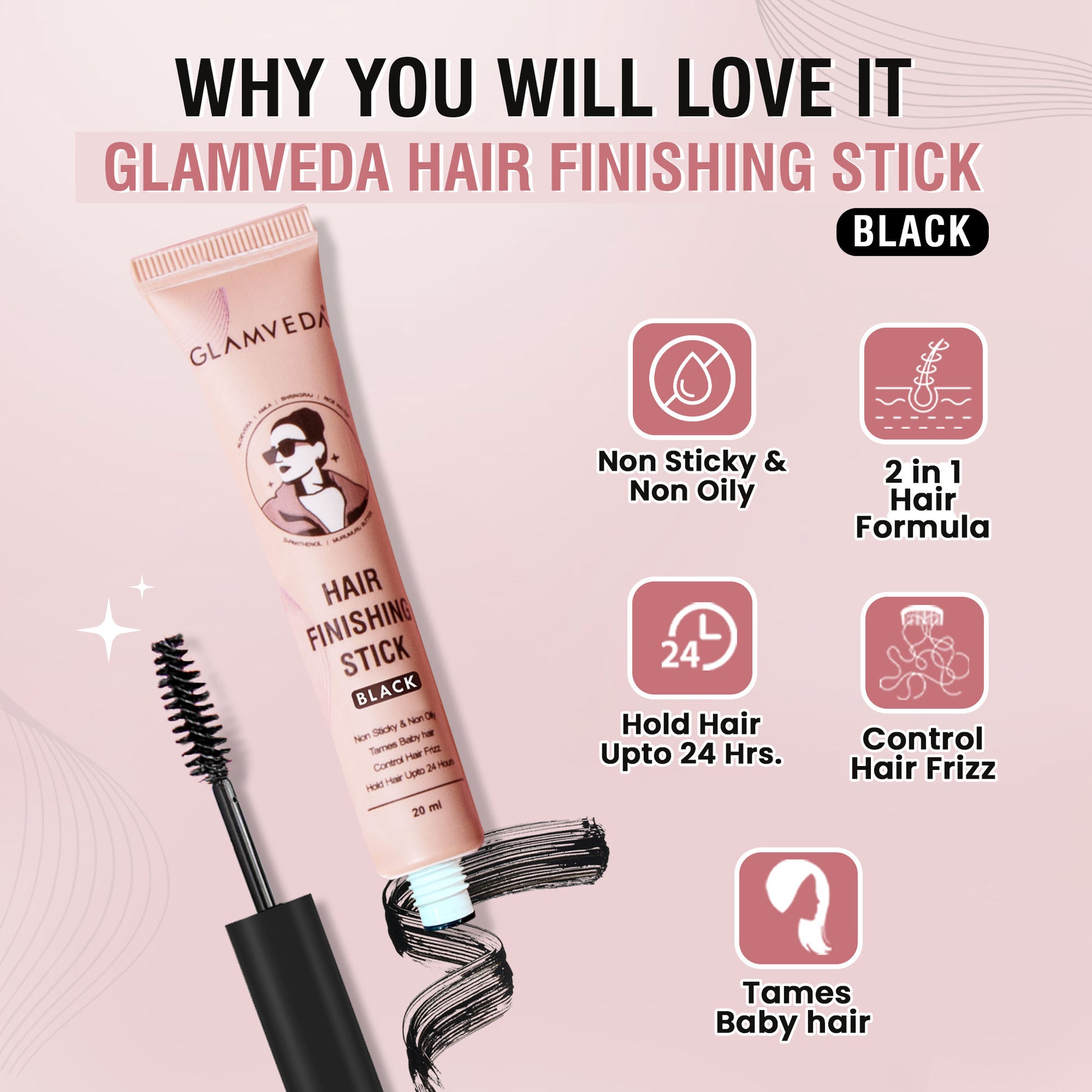 Glamveda Black Hair Finishing Stick - Frizz Control & Baby Hair Styler For 24-Hour Hold