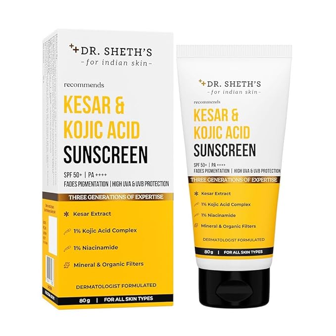 Dr. Sheth's Kesar & Kojic Acid Sunscreen bottle showing the product label and packaging.