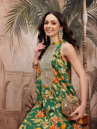 Indyancart SN Women's Floral Print Pleated Sequinned Kurta with Palazzos