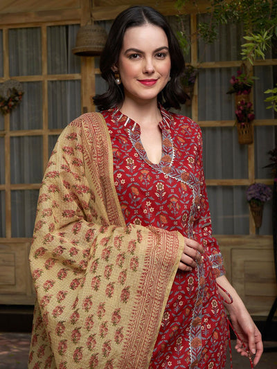 Indyancart SN Women's Maroon Floral Printed Angrakha Pure Cotton Kurta with Trousers & Dupatta