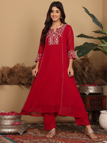 Indyancart VA Women's Floral Embroidered Silk Georgette A-Line Kurta with Trousers & Dupatta