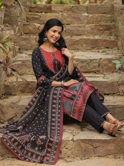 Indyancart IE Women Ethnic Motifs Printed Mirror Work Pure Cotton Kurta With Trousers & Dupatta