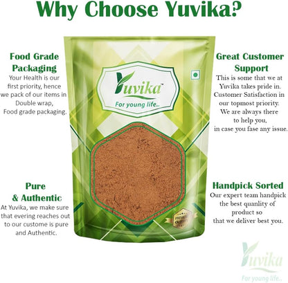 Yuvika Vijaysar Powder, Ayurvedic Indian Kino powder from Pterocarpus Marsupium, in a clear glass container with a wooden spoon.