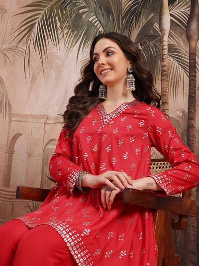 Indyancart SN Women's Ethnic Motifs Printed with Foil Technique Regular Kurta with Trousers