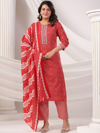 Indyancart IE Bandhani Printed Notch Neck Pure Cotton Kurta With Trousers & Dupatta