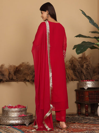 Indyancart VA Women'sMagenta Floral Embroidered Panelled Silk Georgette Kurta With Trouser With Dupatta