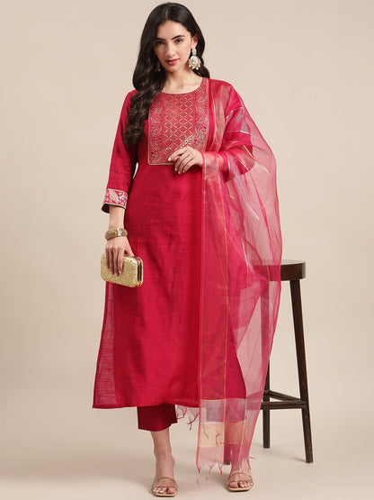 Indyancart VA Women's Red Yoke Design Kurta with Trousers & With Dupatta