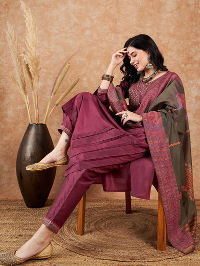 Indyancart SN Women's Pink Floral Embroidered Zari Sequence A-Line Kurta & Trousers With Dupatta