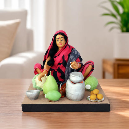 Niharika Collections Krishnanagar Handmade Terracotta Clay | Basic- Sitting Human Figure Miniature Idol - Mother's Hand Cooking | Home Decor, Golu Display and Gifting
