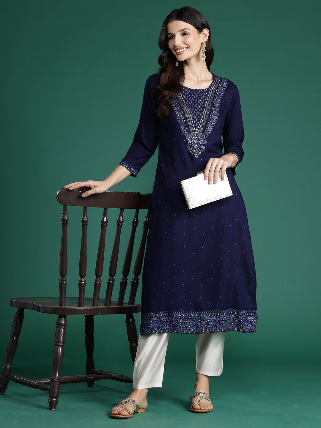 Indyancart IE Ethnic Motifs Printed Sequinned Kurta