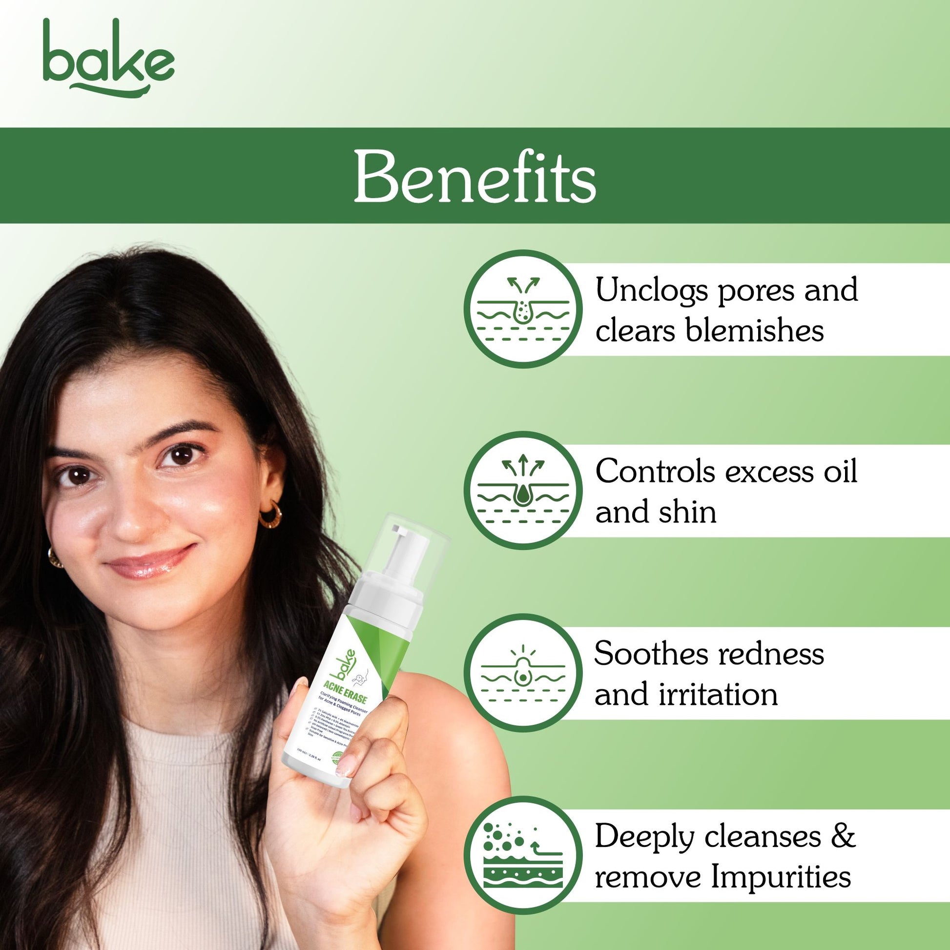 BAKE Acne Erase Foaming Cleanser with 2% Salicylic Acid for Acne, Clogged Pores & Oil Control
