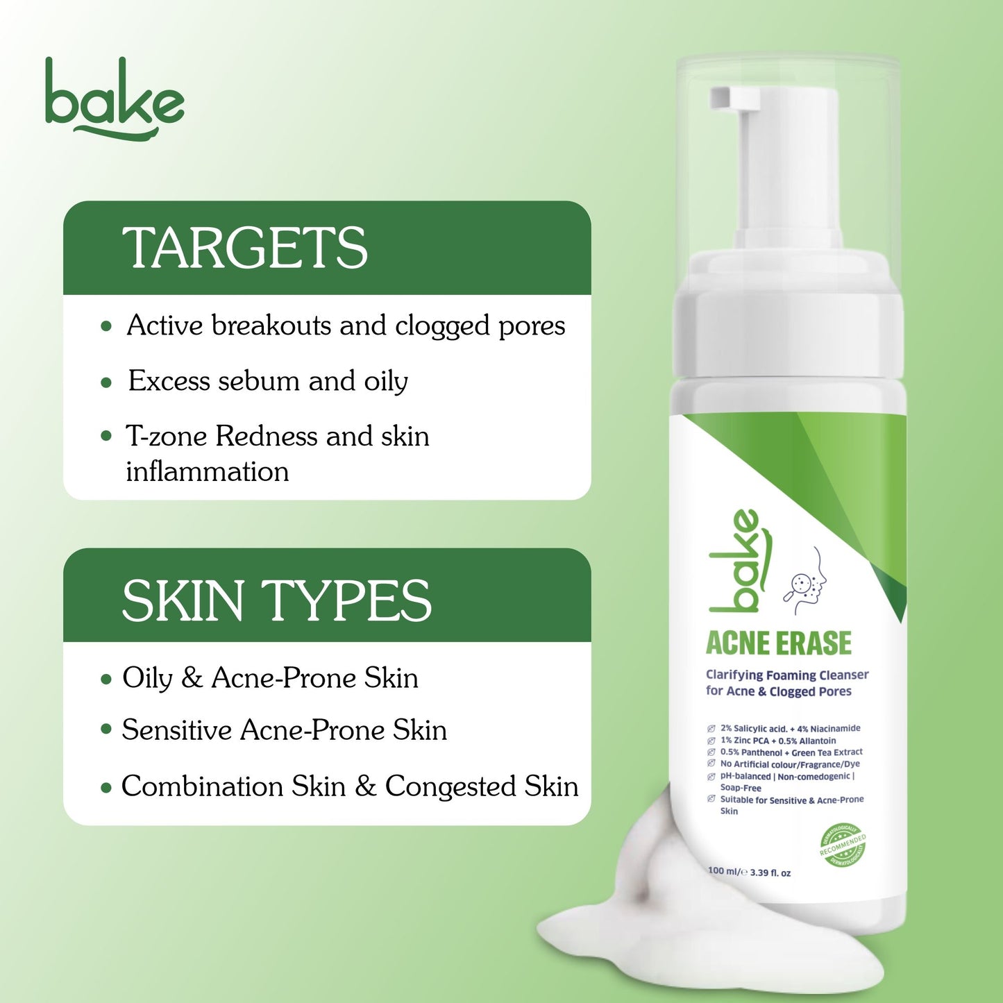 BAKE Acne Erase Foaming Cleanser with 2% Salicylic Acid for Acne, Clogged Pores & Oil Control