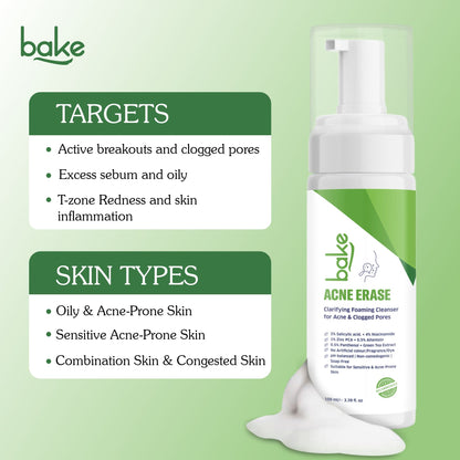 BAKE Acne Erase Foaming Cleanser with 2% Salicylic Acid for Acne, Clogged Pores & Oil Control